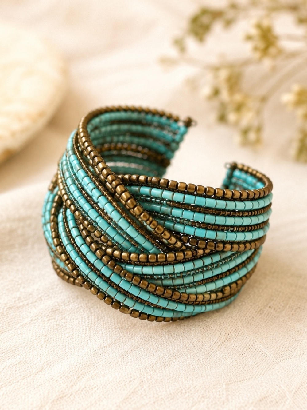 Boho Turquoise & Bronze Multi-Strand Beaded Statement Cuff Bracelet